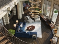 Проектирование интерьера эксклюзивного дома в 3Д - Вид с лестницу в гостинную площадью 100 м2 